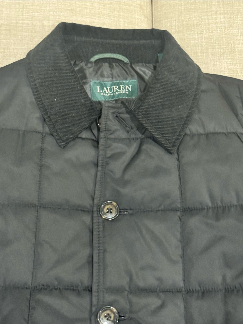 Lauren Ralph Lauren Black Quilted Puffer Jacket with Corduroy Collar